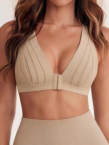 Lilivine Sexy Semi-Sheer Wireless Deep V Front Closure Bra, Striped Unpadded Spaghetti Camisole, Runs Small - Apricot - View 5