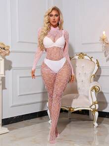 Women's Pink Snake Print Bodysuit, High Neck Long Sleeve Sheer Fishnet Full Body Lingerie, Backless Design - Pink - View 1
