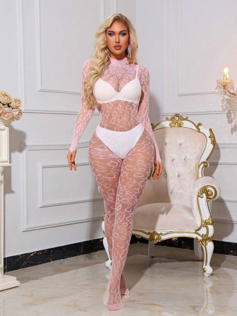 Women's Pink Snake Print Bodysuit, High Neck Long Sleeve Sheer Fishnet Full Body Lingerie, Backless Design - Pink - View 1