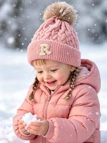 1PC Baby A-Z Letter Pink Knitted Hats Faux Fur Pom Pom Decor Cable Caps For Knit Baby Dome Hat Warm Hat Cold Weather Accessories - Pink - View 4