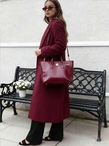 Winter Double-Breasted Wool Long Coat, Blazer Lapel, Side Pockets, Knee-Length, Loose Fit, Commuter Wool Jacket - Burgundy - View 4