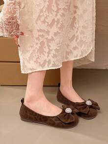 1 Pair Fashion Elegant Rhinestone Brown Leather Bowknot Shoes For Outdoor Holiday Spring Autumn - Brown - View 2