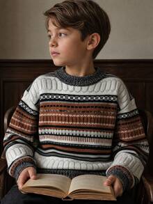Suéter de punto a rayas para niños, suéter casual de bloques de color para niñas grandes, top de manga larga, adecuado para otoño/invierno, escuela, uso diario, fin de semana y actividades al aire libre - Multicolor - Ver 1