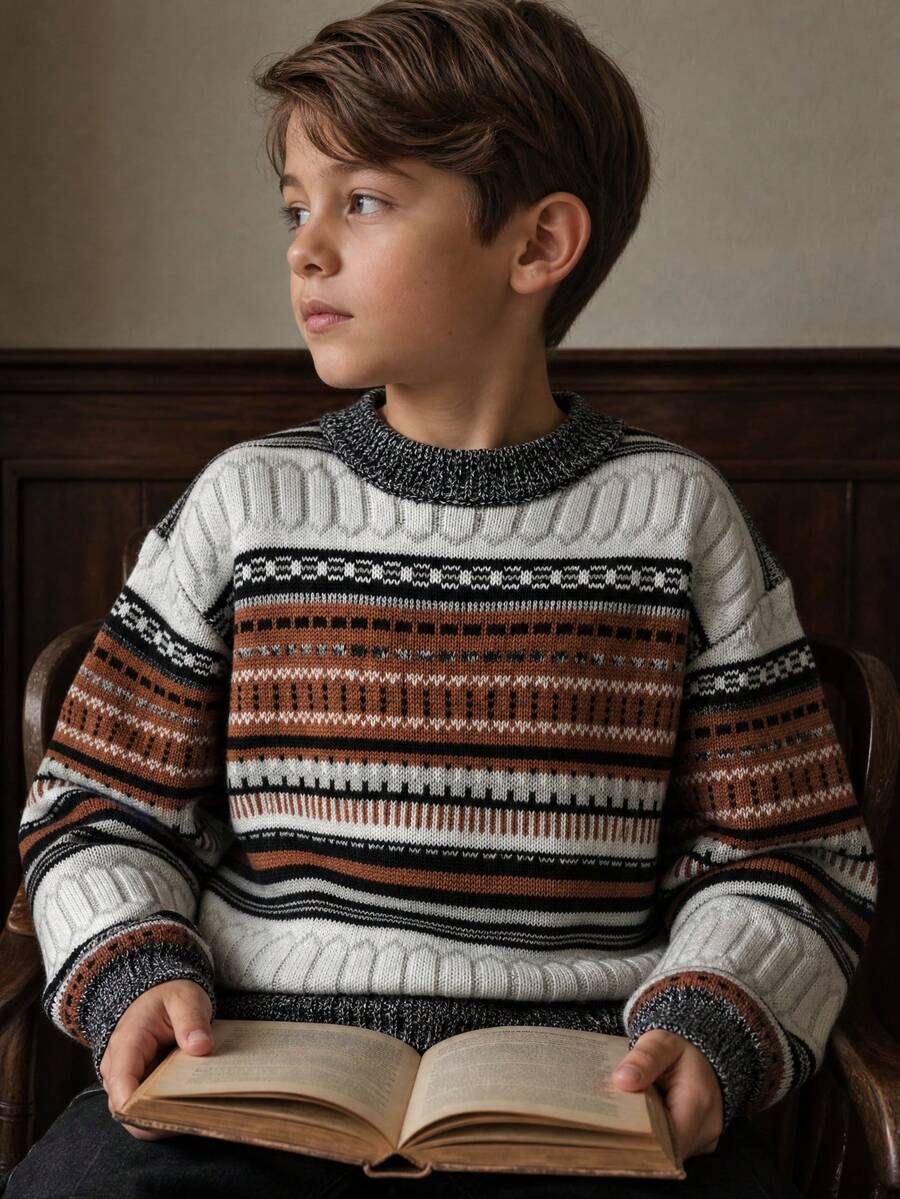 Suéter de punto a rayas para niños, suéter casual de bloques de color para niñas grandes, top de manga larga, adecuado para otoño/invierno, escuela, uso diario, fin de semana y actividades al aire libre - Multicolor - Ver 1