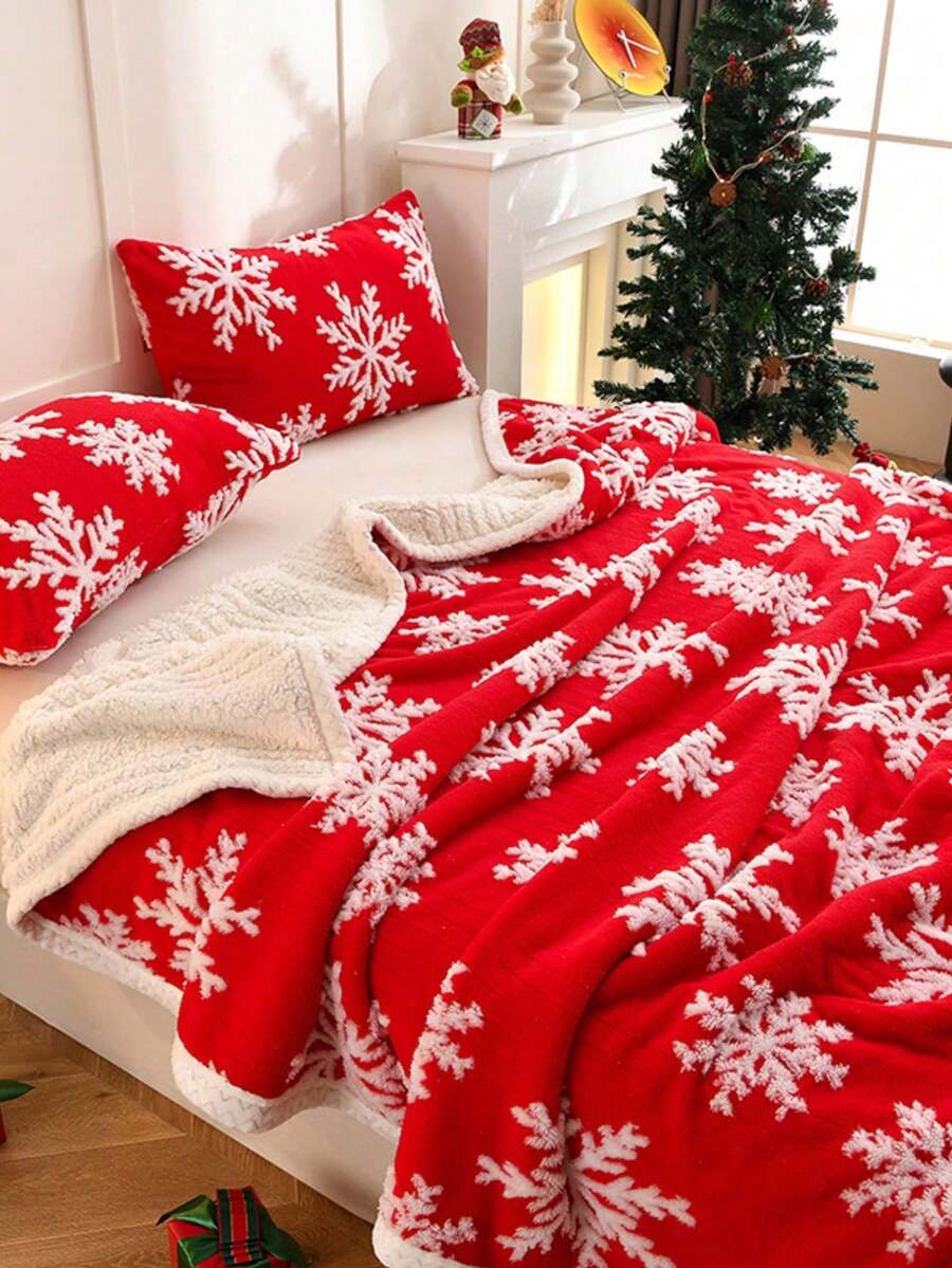 1 buah Selimut Natal Motif Salju 3D Merah, Selimut Bulu Tebal Dua Lapis Hangat, Selimut Lembut dan Nyaman dengan Pola Cetak, Cocok untuk Dekorasi Rumah, Tempat Tidur, Sofa, Kantor, Dekorasi Kamar, Asrama, Dapat Dicuci dengan Mesin - Red and White - View 1