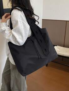 1pc Solid Color Button Decor Tote Bag Nylon Large Capacity Casual Versatile Shoulder Bag For Women Daily Commute - A - View 5