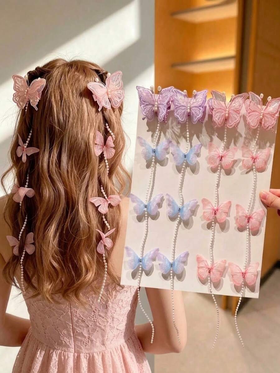4pcs Girl New Style Vintage Handmade Butterfly Pearl Chain Braided Hair Clip Princess Fairy Headband - Multicolor - View 1