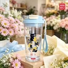 MINISO Transparent Water Cup, Cute Little Black Cat Pattern Coffee Cup, Clean And Refreshing, 550ML Transparent Water Cup, With Straw, Cup, Easy To Carry; Valentine's Day Gift. - Baby Blue - View 6