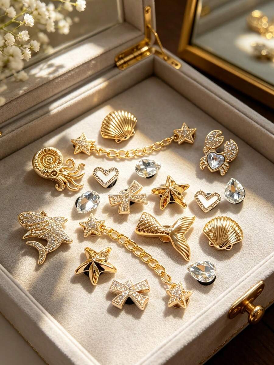 18pcs Gilded Ocean Style Shoe Charms, Dolphin, Starfish, Shell, Conch, Heart Detachable DIY Accessories, Suitable For Sandals, Slippers, Beach Bags, Holiday Gifts