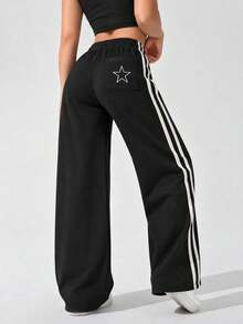 Women's Casual Track Pants With Wide Leg Silhouette Double Side Stripes Elastic Drawstring Waist For Everyday Wear - Black - View 1