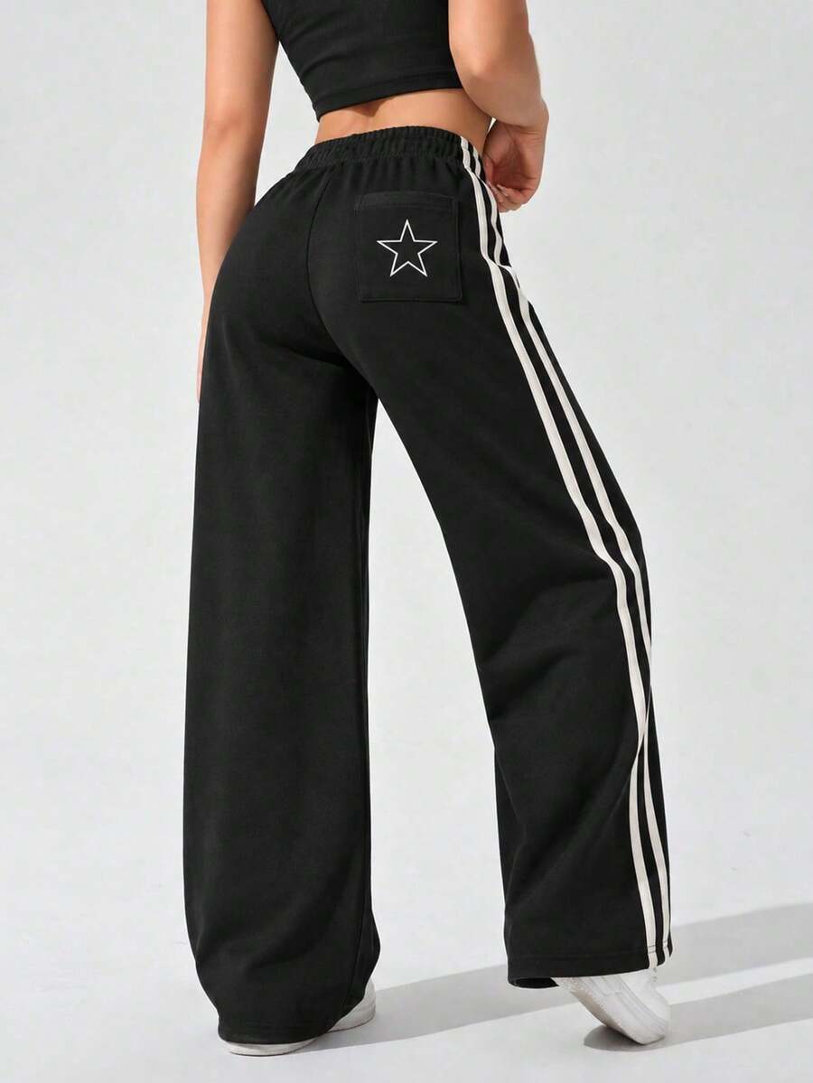 Women's Casual Track Pants With Wide Leg Silhouette Double Side Stripes Elastic Drawstring Waist For Everyday Wear - Black - View 1