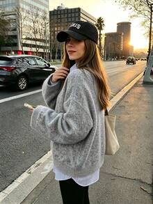 Women's Round Neck Fuzzy Knit Sweater, Dropped Shoulder Loose Long Sleeve Top, Soft Autumn/Winter Layering Commuter Knitwear - Grey - View 8