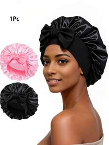 1Pc Cherry Print Satin Bonnet With Bow, Wide Elastic Band Hair Care Sleep Cap For Curly Hair, Women Soft Night Hair Wrap - Multi-color Cherry Red - View 13