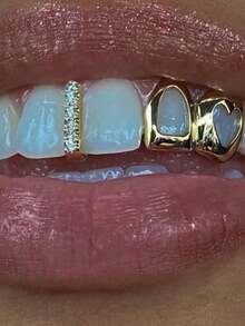 2PCS Gold Grills For Your Teeth Grillz For Women Teeth Men Gold Tooth Cap Grillz Hip Hop Outfits Punk Rapper Custom Accessory Halloween Party - Multicolor - View 3