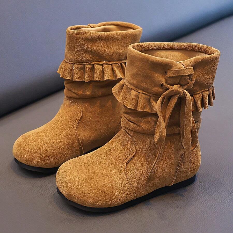 女童寬鬆荷葉邊靴子－甜美繫帶中筒冬季靴，柔軟霧面布料鞋面，防滑鞋底，幼兒童鞋 - 棕色 - 查看 1