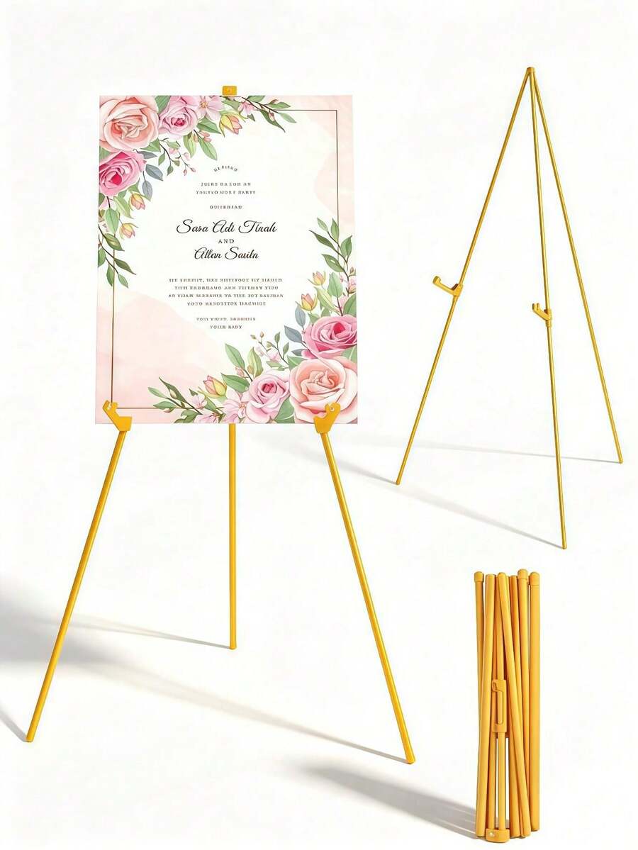 1 buah Easel Pajangan Tripod Portabel Lipat, Easel Seni Logam Emas yang Dapat Diatur, Cocok untuk Papan Nama Pernikahan, Poster, Lukisan, Pajangan Iklan Upacara, Dekorasi Spanduk Ulang Tahun - beraneka warna - View 1
