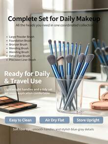 15pcs Professional Full Makeup Brush Set, Including 2 Triangle Powder Puffs, Soft Bristle Powder Brush, Foundation Brush, Eyeshadow Brush, Blush Brush, Highlighter Brush, Concealer Brush, Home And Travel Makeup Tools - Dusty Blue - View 7