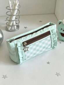 1pc Cute Plaid Pattern Pleated Pencil Case, Star Pendant Double Zipper Stationery Storage Bag, Large Capacity Transparent Window Pencil Pouch, Suitable For Back To School, Holidays, Travel, Soft Fabric Portable Makeup Organizer, Student Gift Choice - Single Piece - View 3