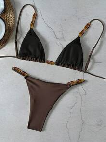 Bikinx Elegant Women's Spaghetti Strap Bikini Set, With Beaded Details And Tie-Up Bottom, High Elasticity Backless Swimsuit - Coffee Brown - View 8