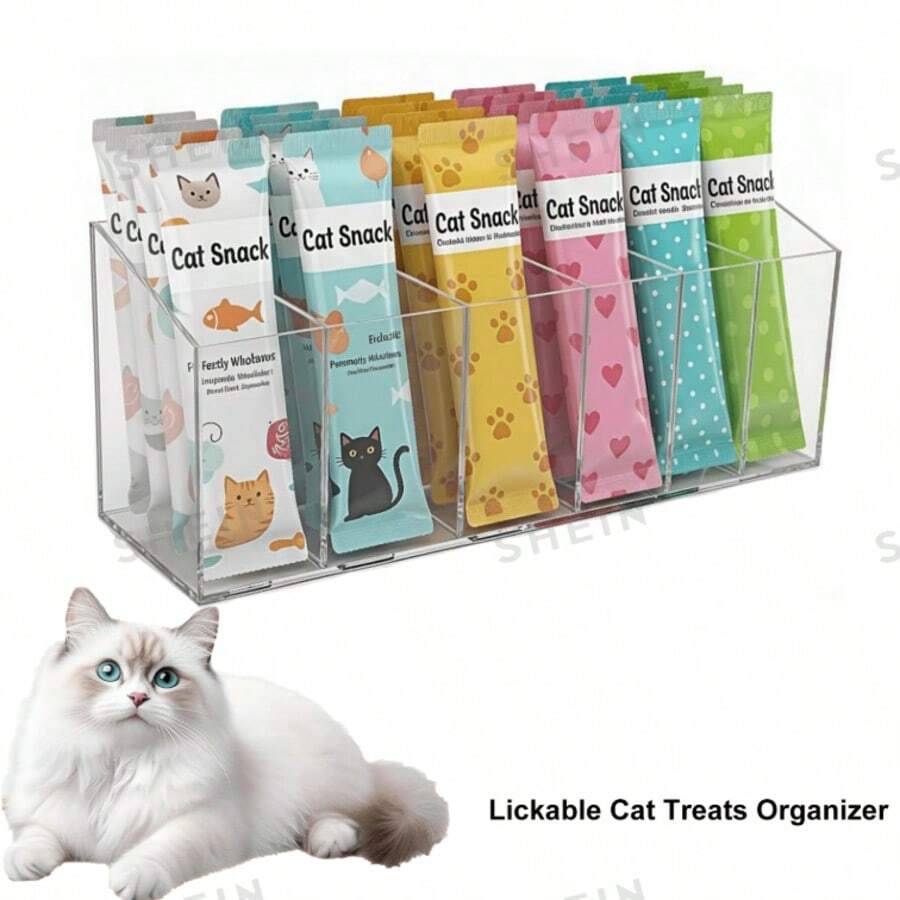 1pc Lickable Cat Treat Storage Box, Acrylic Countertop Treat Organizer, Squeeze-Type Cat Food Storage Container With Removable Dividers, Wet Cat Treat Storage Box, Suitable For Kitchen Cabinets, Pantry, Refrigerator, Multi-Functional Space-Saving Organizer - Normal - View 1