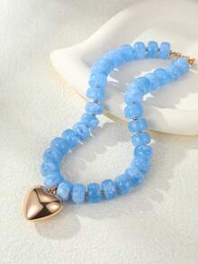 NAIZHU 1pc Bohemian Exaggerated Colorful Resin Beaded Necklace, Gold Heart Pendant Short Necklace - Baby Blue - View 2