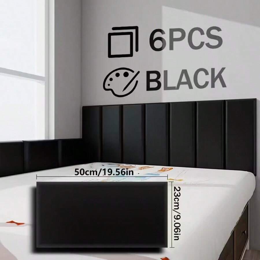 6-Piece Set 50cm*23cm Soft Anti-Collision Minimalist Solid Color 3D Self-Adhesive Wall Sticker, PU Soft Packaging, Peel And Stick, Washable, Suitable For Bedside And Tatami Wall Decoration, Thickened Wall Sticker