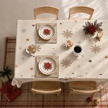 1PC Christmas Minimalist Snowflake & Star Tablecloth, Simple Cute Style Stain-Resistant Beautiful Dining Table Decor Cloth, Suitable For Christmas Table Decoration, Picnic Tablecloth, Holiday Celebration, Wedding Party Gathering, Birthday Banquet, Daily Dining Table, Kitchen & Dining Room Decor, All Seasons, Home Decor - Apricot - View 1