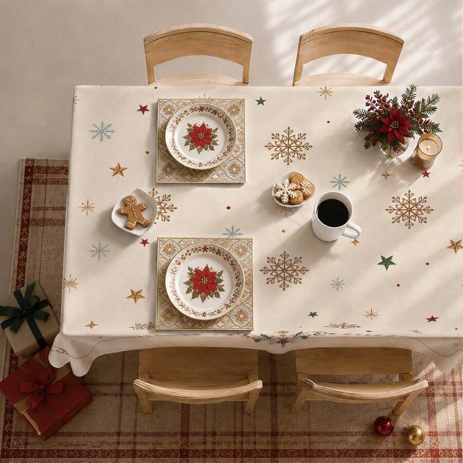 1PC Christmas Minimalist Snowflake & Star Tablecloth, Simple Cute Style Stain-Resistant Beautiful Dining Table Decor Cloth, Suitable For Christmas Table Decoration, Picnic Tablecloth, Holiday Celebration, Wedding Party Gathering, Birthday Banquet, Daily Dining Table, Kitchen & Dining Room Decor, All Seasons, Home Decor - Apricot - View 1