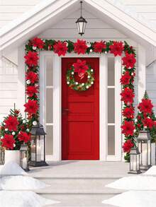 Glitter Poinsettia Christmas Tree Decoration Set - Suitable For Christmas Wreaths, Party Decor, Home Styling, Holiday Celebrations, And Gift Box Embellishments. - Dark Red - View 7