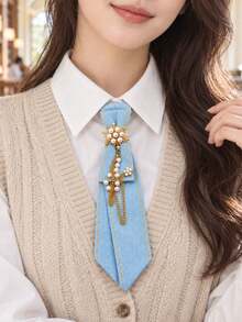 1pc Women's Pearl Chain Fashion Denim Necktie Accessory, Suitable For Office, Business, Casual And Daily Wear - Multicolor - View 2