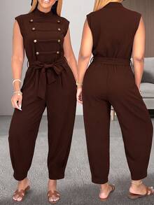 LUNNELUX Women Fall Brown Sleeveless Stand Collar Jumpsuit, Decor Button Belted Wide Leg Cropped Jumpsuit With Pockets, Halloween Daily Outfit - Brown - View 9