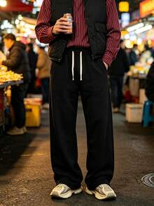 Men's Black Fleece Lined Wide Leg Sweatpants, Loose Drape With Drawstring, Elastic Waistband, Solid Color Street Casual Style Versatile, Autumn/Winter Essential Fashion Sports Long Pants - Black - View 10