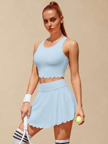Women's Solid Color Top And Mini Skirt Casual Tennis Outfit Sports Set - Baby Blue - View 1