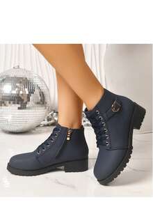 Navy Blue Chunky Heel Ankle Boots For Women, Lace-Up Side Zipper Buckle Thick Sole Anti-Slip Commuter Boots - Navy Blue - View 1