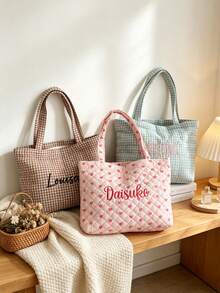 1pc Personalized Name Quilted Plaid Tote Bag, Customized Checkered Shoulder Bag, Bridesmaid Gift, Embroidered Name, Lightweight Shopping Handbag - Multicolor - View 8