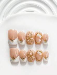 10件組秋季復古法式手工穿戴甲，Polygel美甲套組，花卉白色指甲油，平價奢華風，3種尺寸可選，方型/短方型/杏仁形，適合派對、跳舞、日常配戴（手工細節可能有所不同） - 彩色 - 查看 4