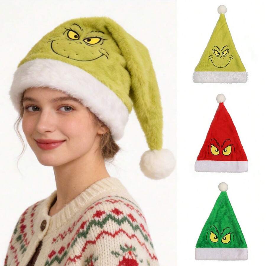 The Grinch 1pc Plush Embroidered Christmas Hat Green Monster Cartoon Xmas Hat - Style-a - View 1
