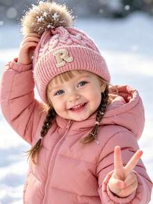 1PC Baby A-Z Letter Pink Knitted Hats Faux Fur Pom Pom Decor Cable Caps For Knit Baby Dome Hat Warm Hat Cold Weather Accessories - Pink - View 2