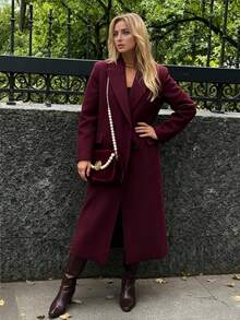 Winter Double-Breasted Wool Long Coat, Blazer Lapel, Side Pockets, Knee-Length, Loose Fit, Commuter Wool Jacket - Burgundy - View 3