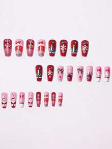 24pcs Long Ballet-Shaped Fake Nails, Christmas Style With Santa, Snowflakes, And Christmas Trees. Full Coverage, Removable Nail Set, Perfect For Parties, Proms, And Everyday Wear. - Multicolor - View 2