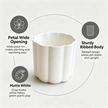 1pc Matte White Petal Rim Vertical Ribbed Flower Pot, Creative Round Wavy Open Mouth Succulent Planter, Nordic Modern Minimalist Style Balcony Desktop Window Sill Home Decor Flower Vase Small Ornament - Petal Flower Pot - View 5