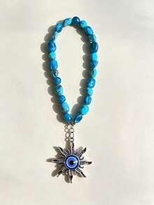 1pc Car Interior Stone Pendant, Fashionable Blue Eye Sun Charm Rearview Mirror Hanging Decoration, Car Interior Hanging Ornament - A - View 2