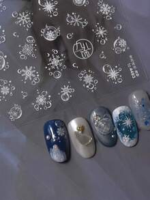 1 Sheet White Snowflake Nail Stickers, Transparent Bubble Moon Star Winter Self-Adhesive Nail Art Decals, Frozen Style DIY Manicure Nail Decorations - Silver - View 2