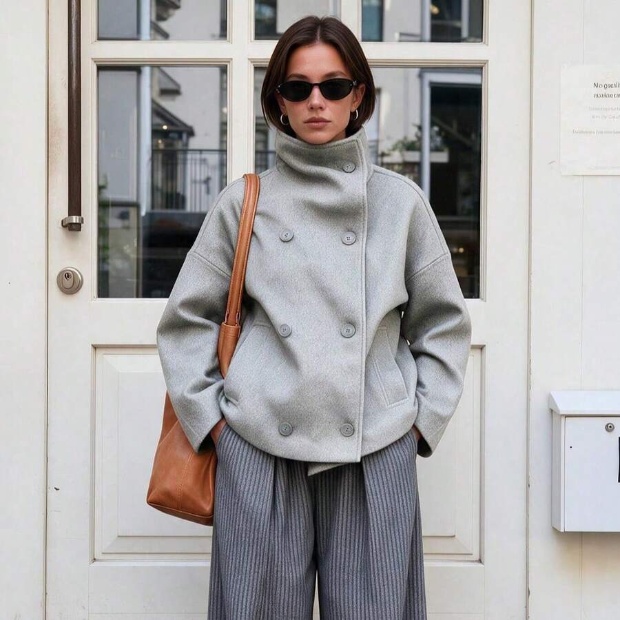 Women's Solid Color Vintage Double-Breasted Funnel Collar Coat, Long Sleeve Regular Fit Jacket, Suitable For Autumn/Winter Commuting - Light Grey - View 1