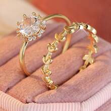 DIYCCPC Women's Gold 2 Pieces Stackable Bridal Ring Set, Leaf & Vine Design, Round Cubic Zirconia Solitaire Ring With Floral Accent Stones And Textured Wedding Band - Two-color - View 4