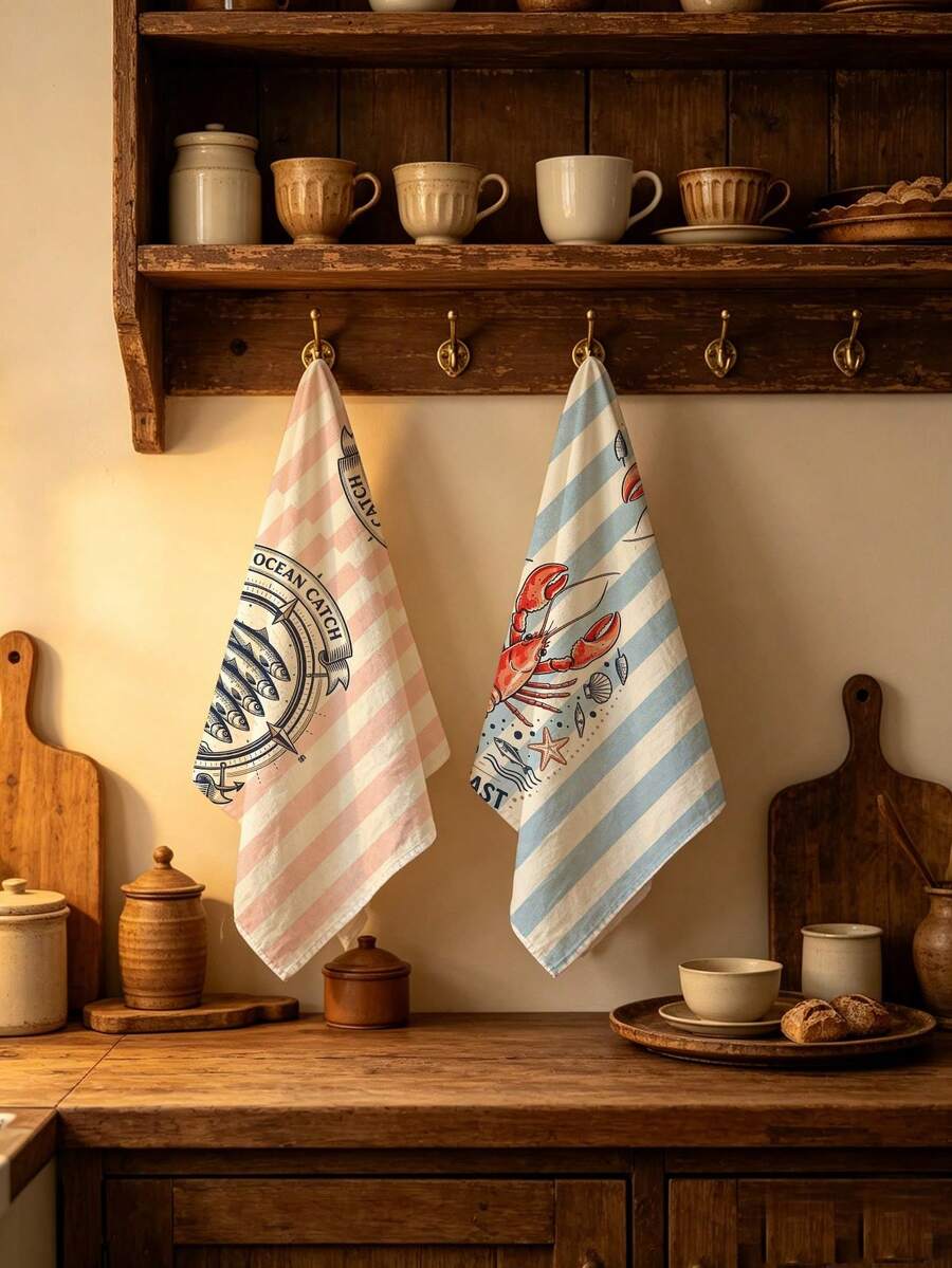 2pcs Kitchen Absorbent Towels, Made Of Polyester Material, Lobster And Fish Pattern Print, Suitable For Kitchen, Bathroom, Ideal Choice For Housewives And Family Gatherings, High Cost-Effective Home Supplies, Great Room Decoration - Multicolor - View 1