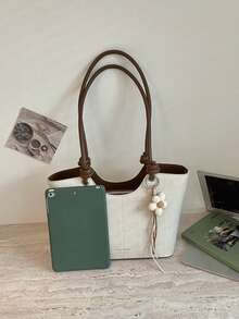 Tas Tote Bertekstur Elegan dengan Detail Pegangan Simpul, Dekorasi Liontin Bunga Rajutan yang Lucu, Tas Bahu Wanita Kapasitas Besar untuk Perjalanan Sehari-hari - MultiWarna - View 11