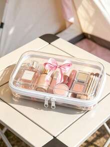 Pink Bow Transparent Makeup Bag, Multifunctional Storage Box,Hair Accessory Storage Box, Ring Necklace Accessories, Storage Box Jewelry Storage Box Medicine Storage Box, Portable Travel Medicine Box ,Christmas Gift - Multicolor - View 1