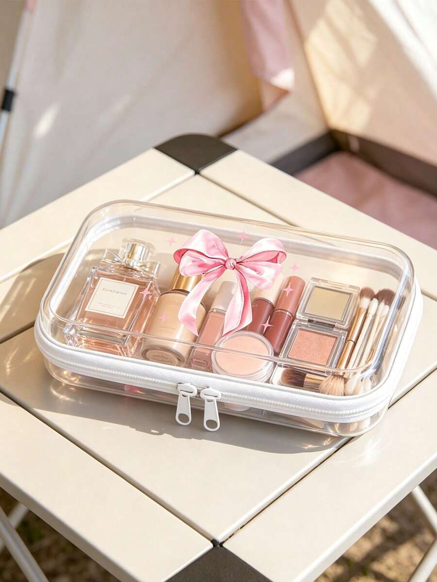 Pink Bow Transparent Makeup Bag, Multifunctional Storage Box,Hair Accessory Storage Box, Ring Necklace Accessories, Storage Box Jewelry Storage Box Medicine Storage Box, Portable Travel Medicine Box ,Christmas Gift - Multicolor - View 1