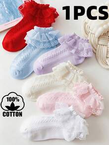 6 Pairs Girls Lace Trim Cotton Dance Socks, Suitable For Party, School, Big Kids Size - Multicolor - View 9